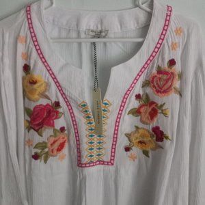 Long sleeve blouse, embroidered flowers, ruffled sleeve, V-neck